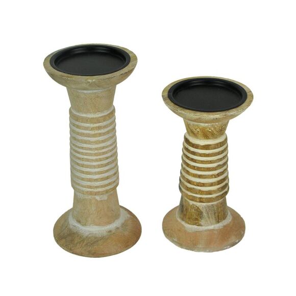 Set of 2 Wood Pedestal Candle Holders Rustic White Washed Pillar Centerpieces - Picture 1 of 3